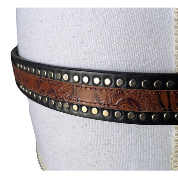 Terry Stack Black Brown Studded Hook and Loop Italian Leather Belt Size Large - Picture 6 of 9
